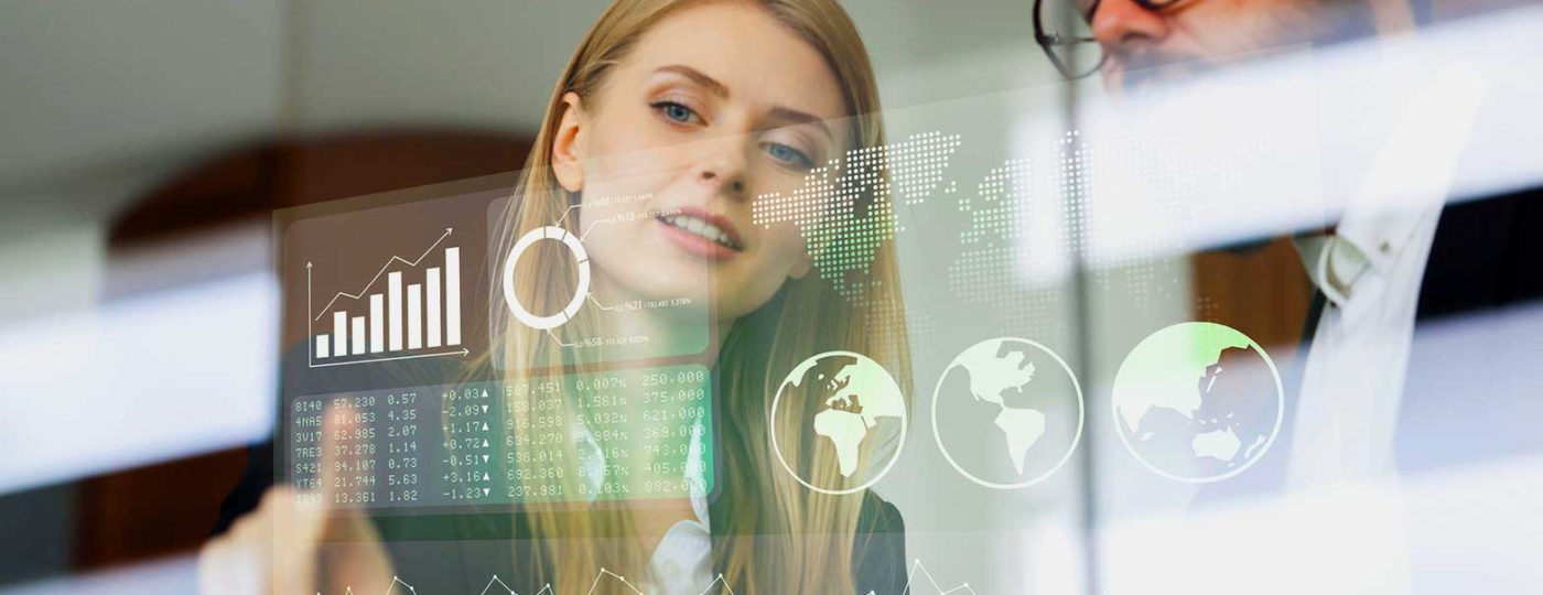 business woman explaining a business man using a hologram graph