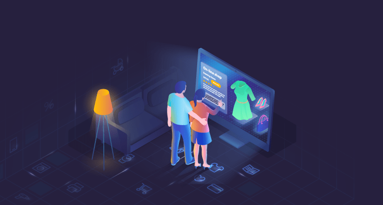 illustration of a man and a woman shopping online using smart TV