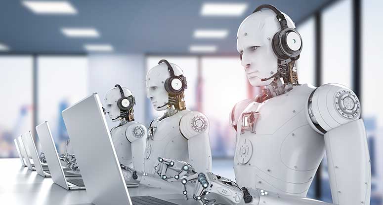 robots lined up in a call center taking care of phone calls