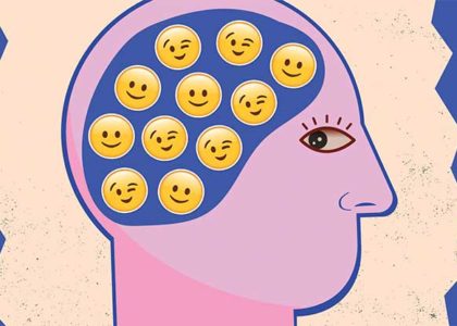 Illustration of a persons head with emojis in the brain