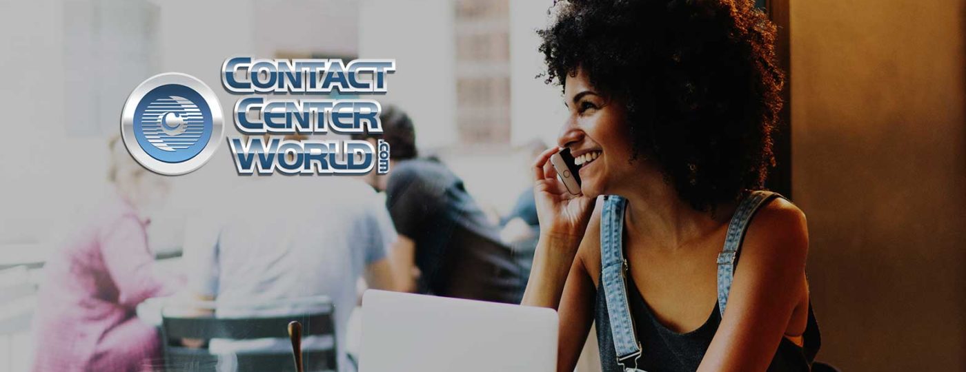 woman on the phone with laptop with contact center world logo