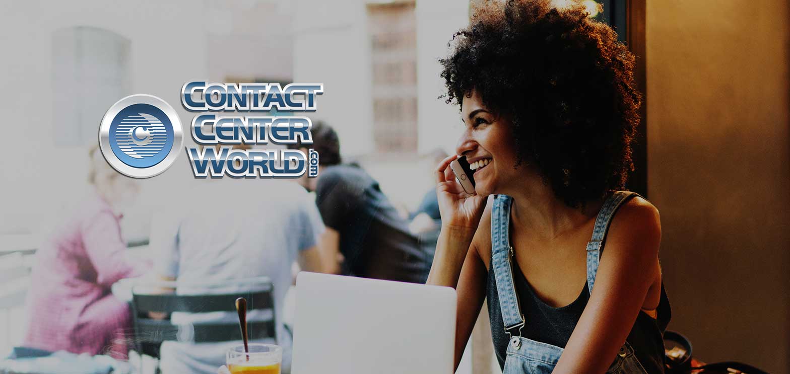 woman on the phone with laptop with contact center world logo