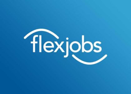 white flexjob logo with blue background