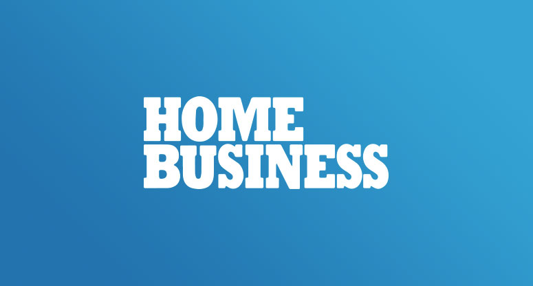 white home business logo with a blue background