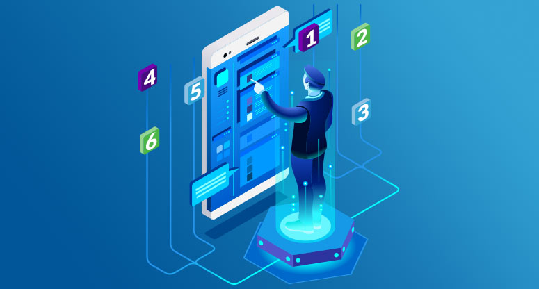 illustration of business person touching mobile screen with the number one through six