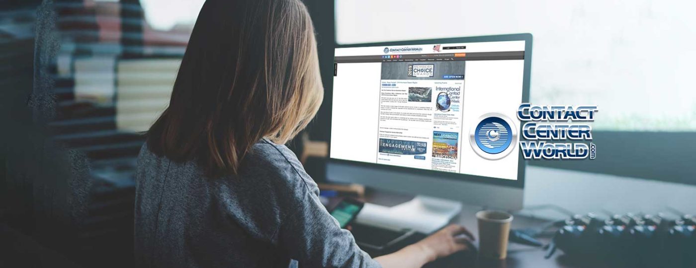 woman on computer looking at contact center world article