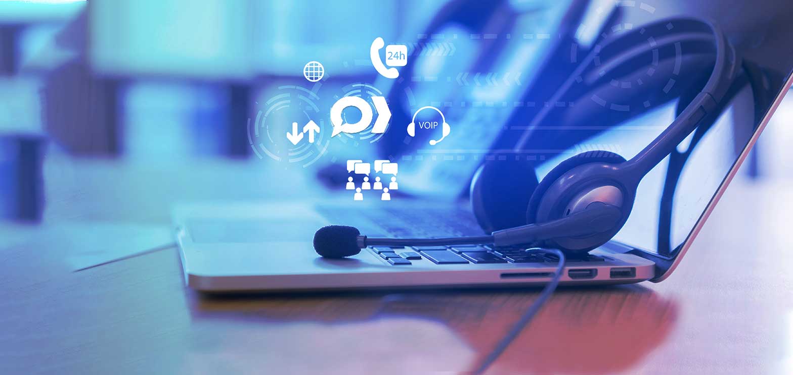 laptop and on demand contact center headset with different virtual contact center icons