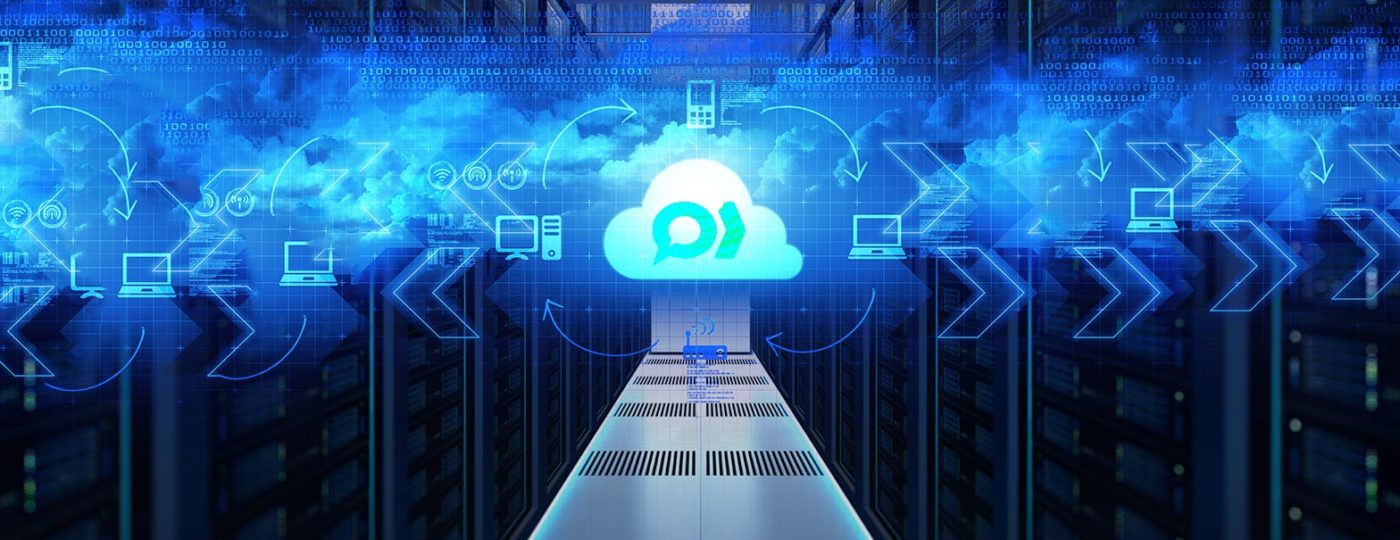 cloud and arrows surrounded with electronic components icons and an on demand contact center services backup computers