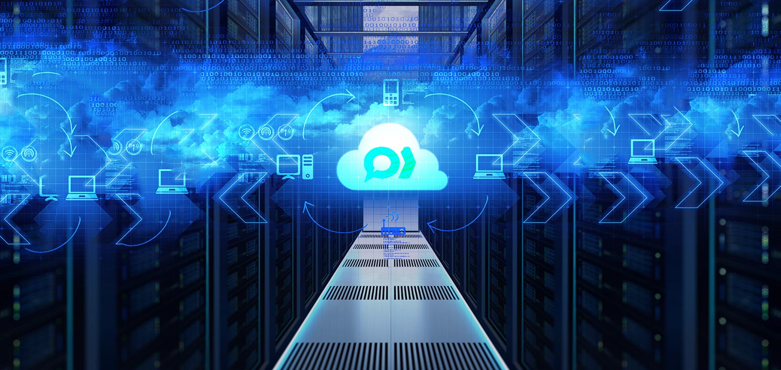 cloud and arrows surrounded with electronic components icons and an on demand contact center services backup computers