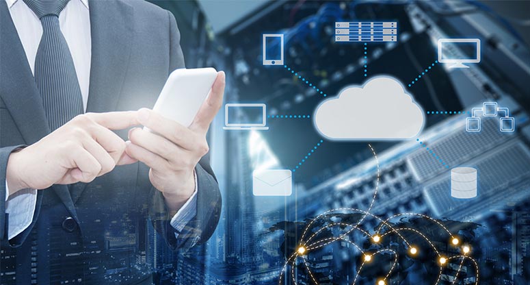 business man holding a smartphone using could base on demand contact center services, icon of cloud and electronic icons