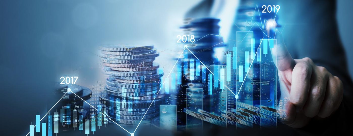 graph that shows profit from 2017 though 2019 a businessman on the background