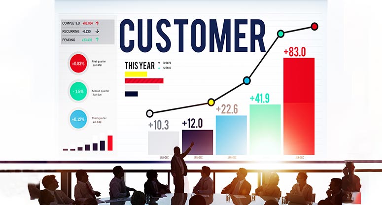 Business meeting showing metrics about customer experience