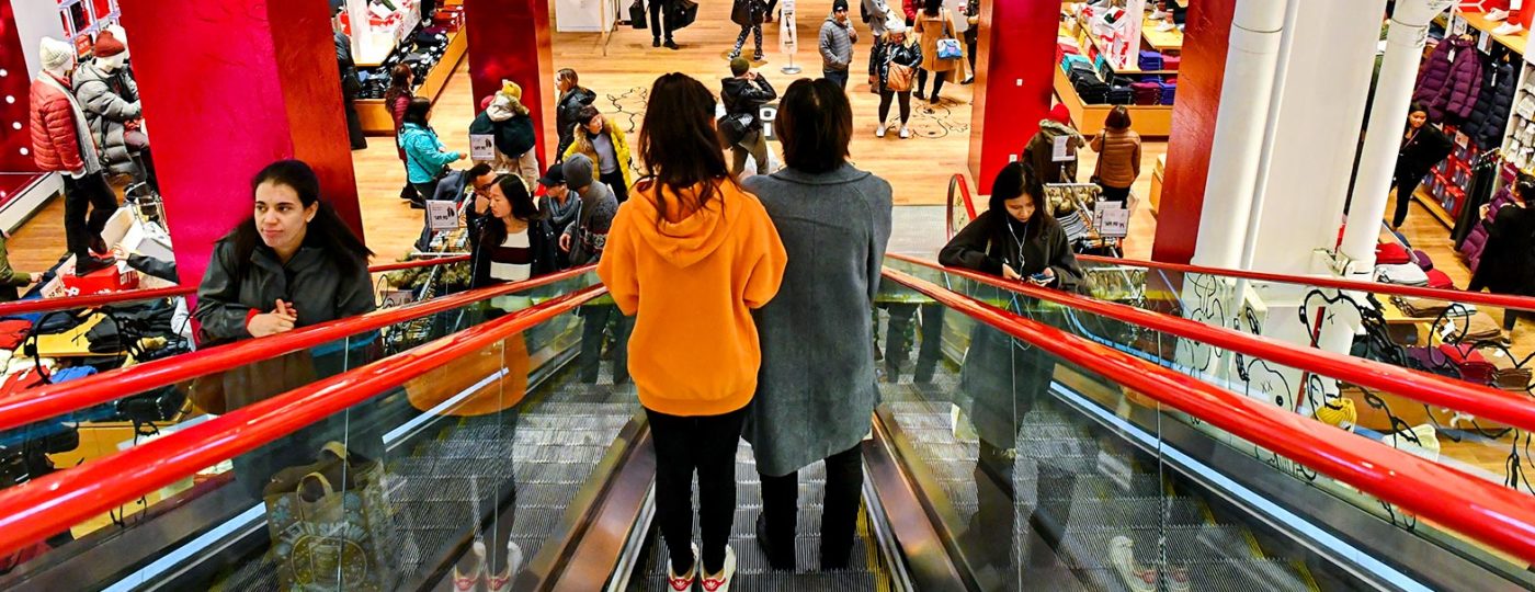people at a shopping mall for on demand contact center services