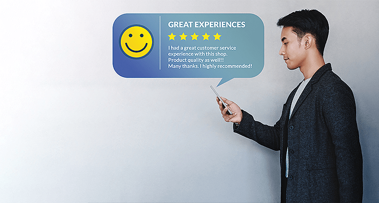 man writing a review for on demand contact center customer experience solutions