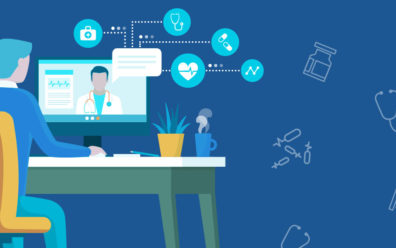 Illustration of a patient on a computer talking with a doctor