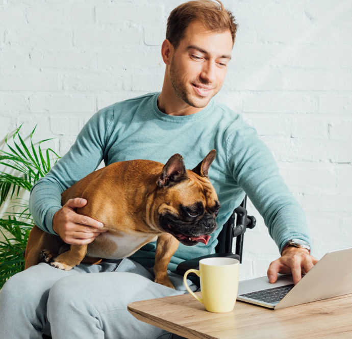 Disabled man holding french bulldog on knees and working on laptop at home