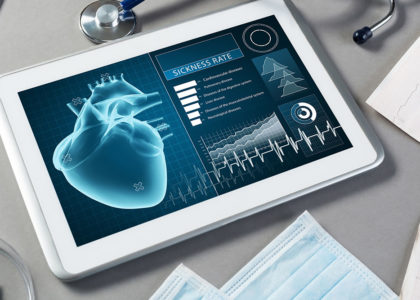 Digital tablet on a doctor's table that depicts scientific analysis of a patient's heart