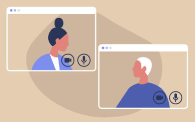 Illustration of a man and a woman communicating to each other virtually