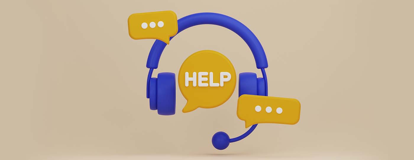 3D illustration of a headset, AI chat bubbles, and the words "help" in a lockup together