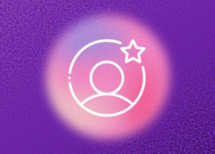 Illustrative icon of a person and a star in a circle within a pink bubble on a purple background