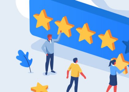 Flat illustration of three people and a giant quote bubble that shows five gold stars