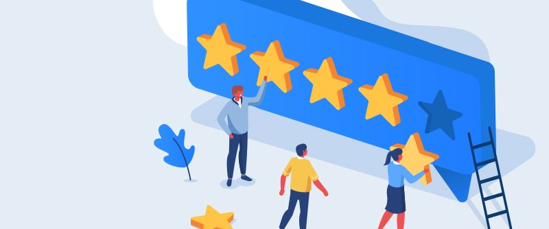 Flat illustration of three people and a giant quote bubble that shows five gold stars