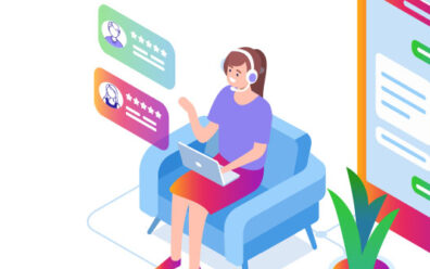 Customer service illustration of a woman wearing a headset and sitting on a chair answering calls