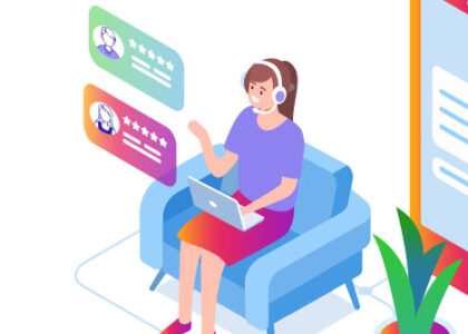 Customer service illustration of a woman wearing a headset and sitting on a chair answering calls