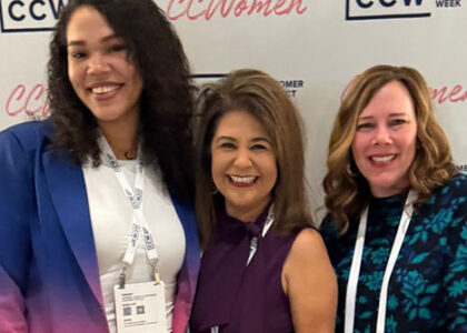 Working Solutions’ Taylor Kane strikes a pose with industry leaders, Monica and Denise, at CCW Austin