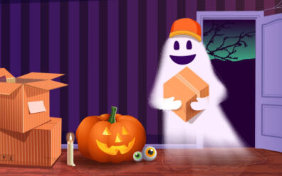 Illustrated halloween house entry with jack-o-lantern, cardboard boxes, and smiling ghost delivery man