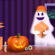 Illustrated halloween house entry with jack-o-lantern, cardboard boxes, and smiling ghost delivery man