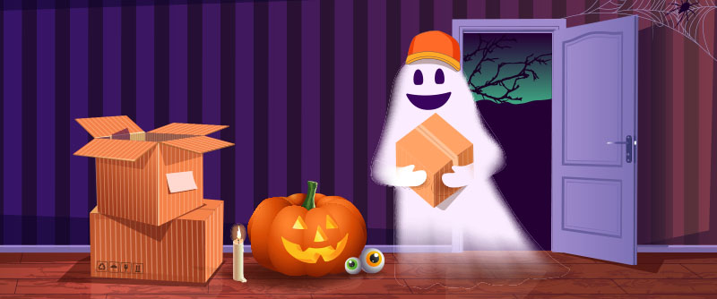 Illustrated halloween house entry with jack-o-lantern, cardboard boxes, and smiling ghost delivery man