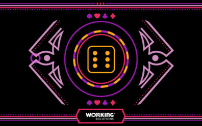 Graphical elements of a playing card designed together around a six-sided die