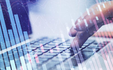 Abstract visual representation of digital interaction with data, bar graphs, and stocks.