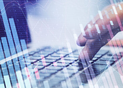 Abstract visual representation of digital interaction with data, bar graphs, and stocks.