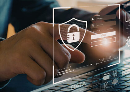Photo of a person typing on a laptop keyboard, an illustration of a lock and password illustrated digitally above the keyboard.