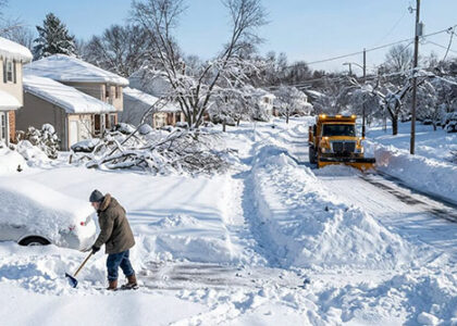 A manis outside his house with a snow shovel, working to shovel snow out of his driveway amidst a snowed-in neighborhood