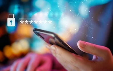 Futuristic depiction of a person accessing a secure and safe database on their phone via a password