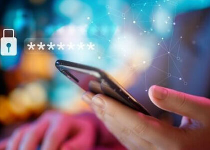 Futuristic depiction of a person accessing a secure and safe database on their phone via a password